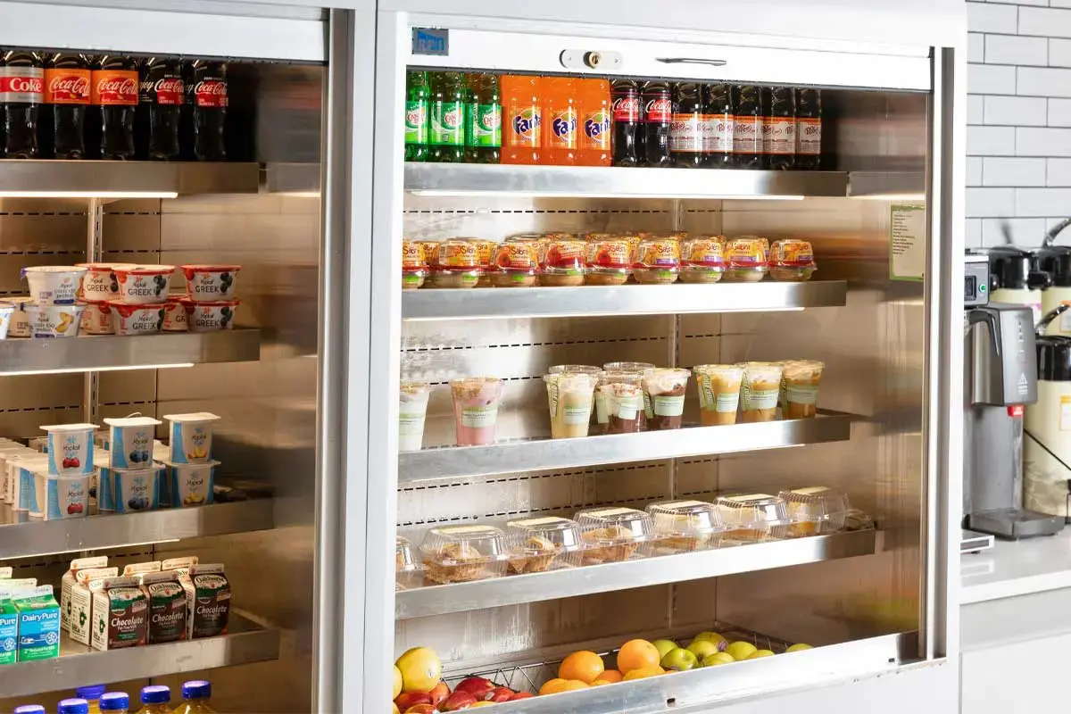 Various beverages and grab and go items in cooler